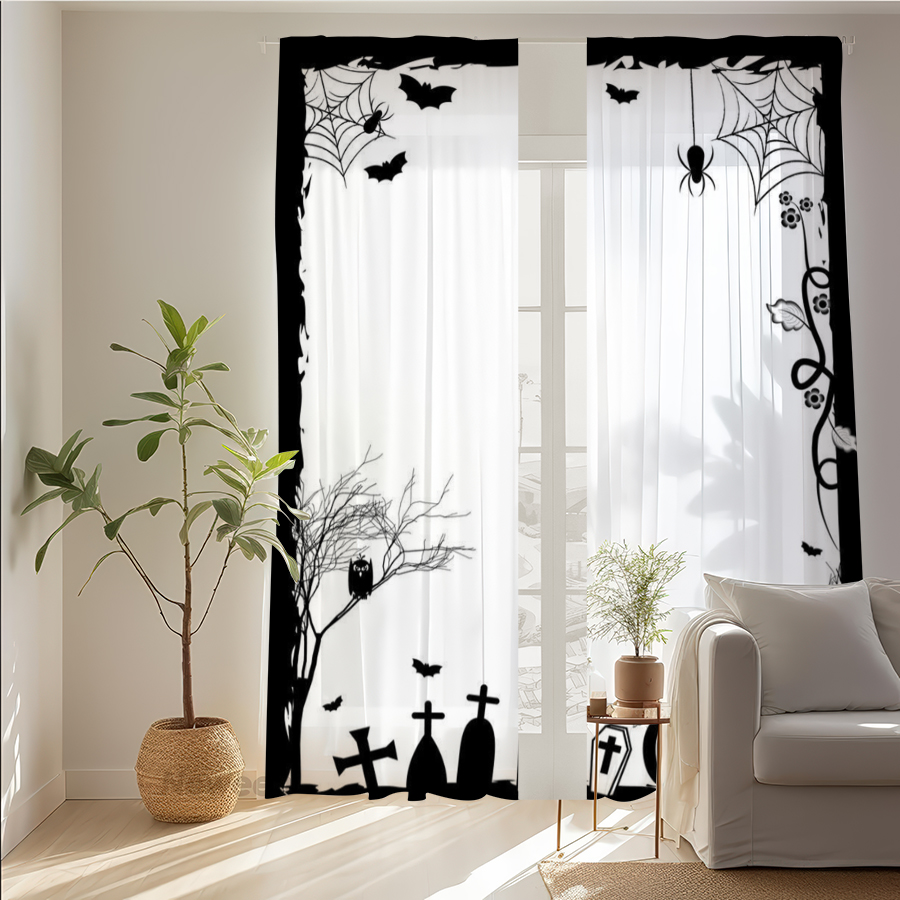 Spider Web Halloween Decoration - قطعتان من الستائر الشفافة المطبوعة رقميًا،