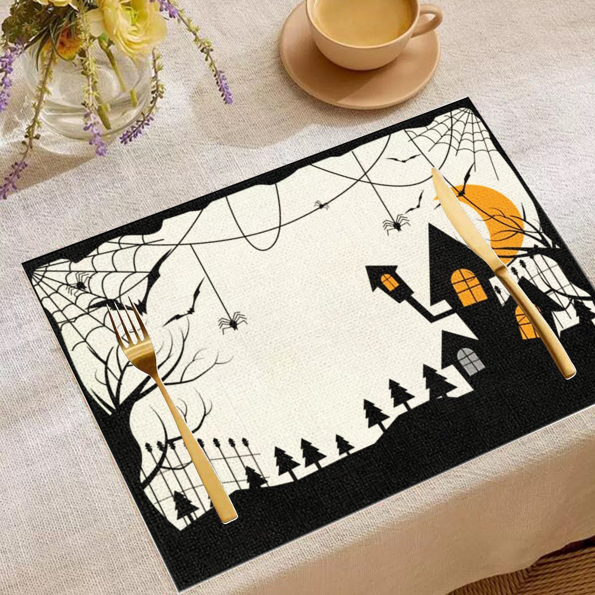 مفرش طاولة من الكتان بتصميم من - مراجعة Spider Web Halloween Decoration وسعره